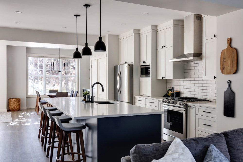 Two-tone white/blue transitional cabinetry (Calgary)